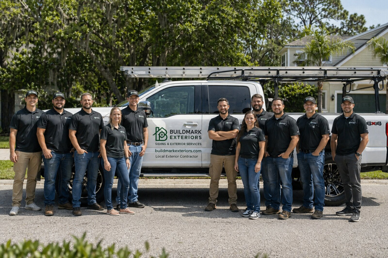 The Buildmark Exteriors crew standing in front of their company truck in Northeast Florida